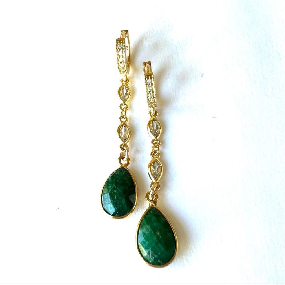 Emerald long drop earrings on gold hoops